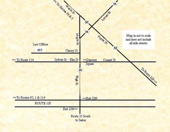 Map to 19 Cherry Street Danvers MA, law offices of Lawrence B. Morse & Associates